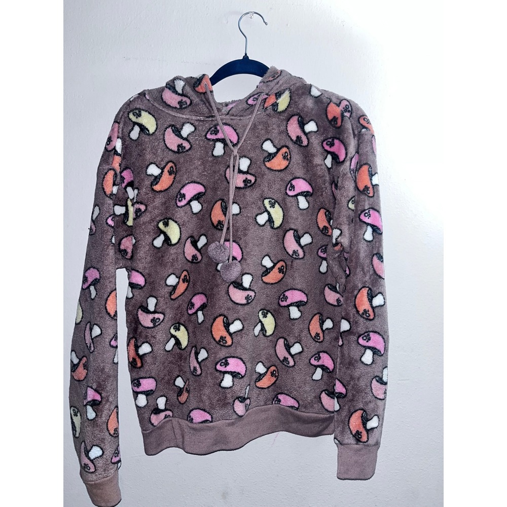 Mushroom Print Fuzzy Hoodie Brown Pink Orange‎ Yellow Womens Medium Cute